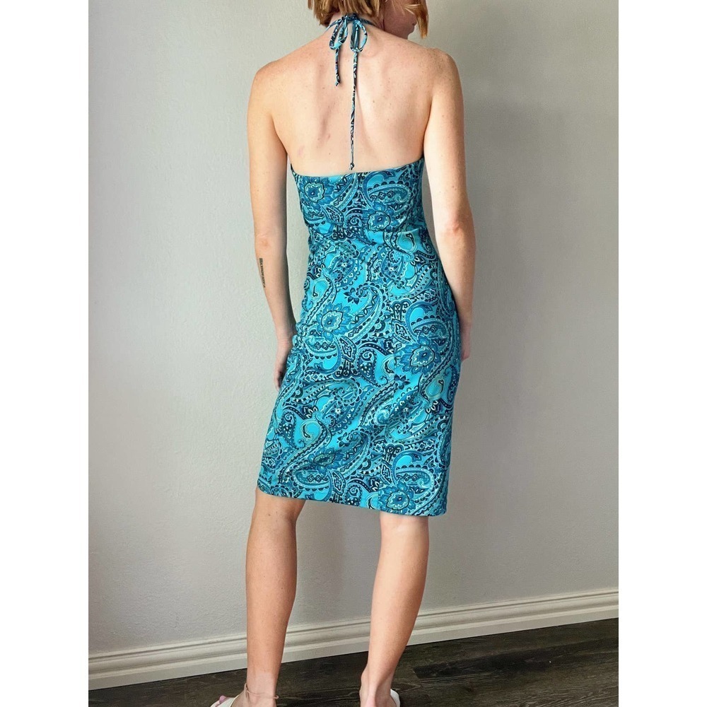 Vintage Y2K Blue Paisley Halter Midi Fitted Stretch Slip Dress - Picture 2 of 5